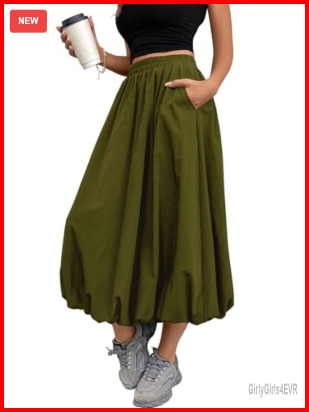 Womens Bubble Skirt Elastic Waist Puffy Hem A-Line Long Skirt with Pockets
